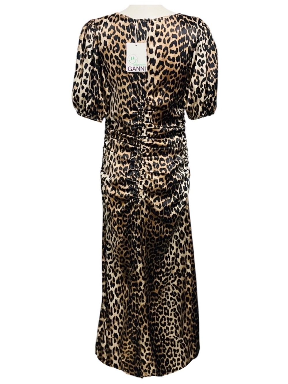 GANNI TAN / BROWN / BLACK LEOPARD PRINTED SHORT SLEEVED SILK MIDI DRESS - Picture 3 of 7